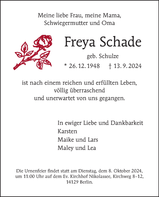 Traueranzeige von Freya Schade von Tagesspiegel