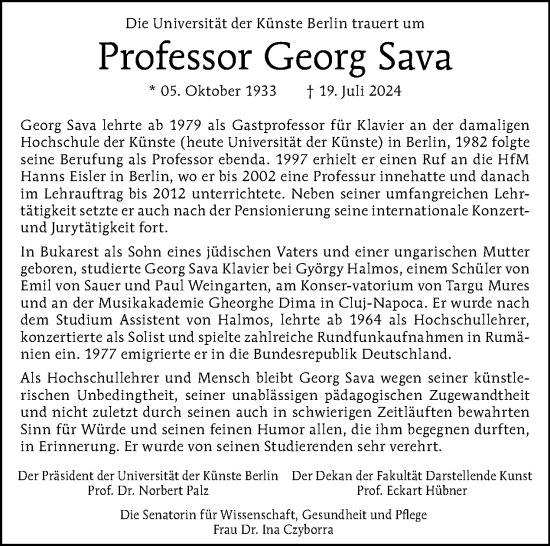 Traueranzeige von Georg Sava von Tagesspiegel