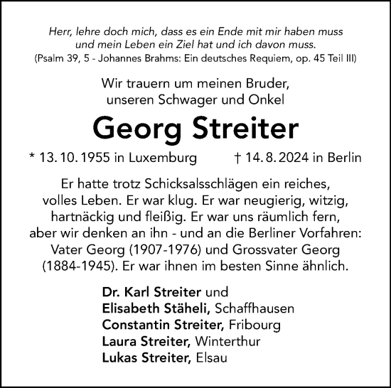 Traueranzeige von Georg Streiter von Tagesspiegel