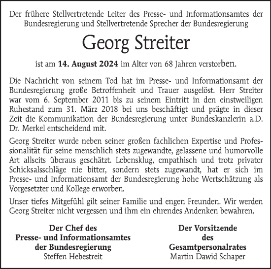 Traueranzeige von Georg Streiter von Tagesspiegel