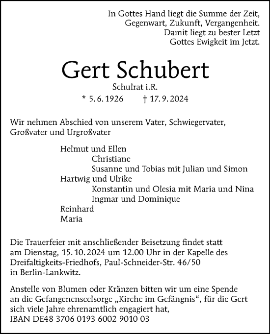 Traueranzeige von Gert Schubert von Tagesspiegel