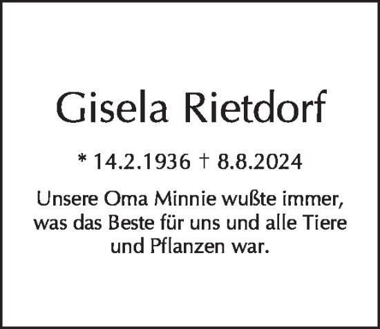Traueranzeige von Gisela Rietdorf von Tagesspiegel
