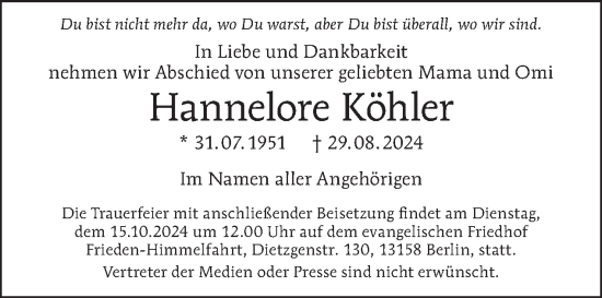 Traueranzeige von Hannelore Köhler von Tagesspiegel