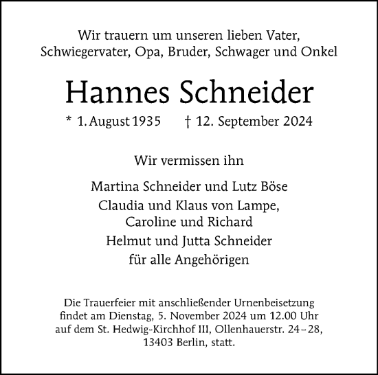 Traueranzeige von Hannes Schneider von Tagesspiegel