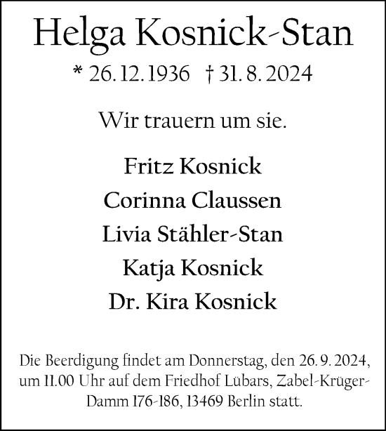 Traueranzeige von Helga Kosnick-Stan von Tagesspiegel