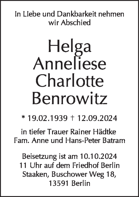 Traueranzeige von Helga Anneliese Charlotte Benrowitz von Tagesspiegel