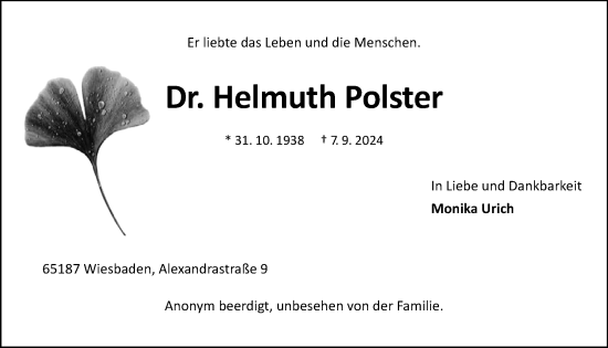 Traueranzeige von Helmuth Polster von Tagesspiegel