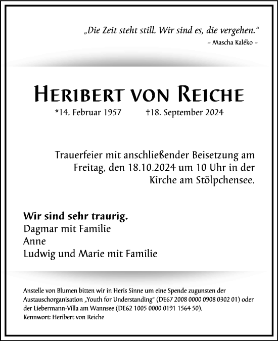 Traueranzeige von Heribert von Reiche von Tagesspiegel