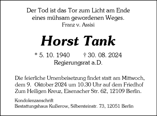 Traueranzeige von Horst Tank von Tagesspiegel