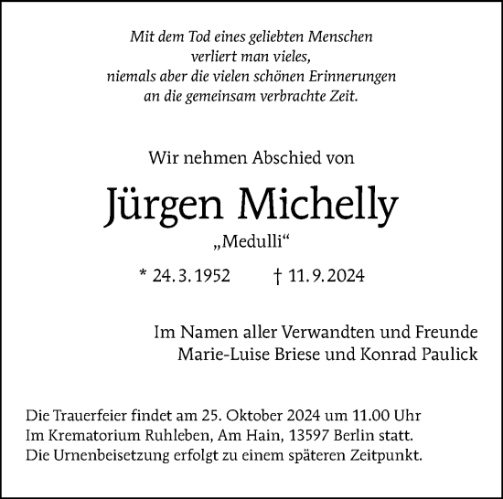 Traueranzeige von Jürgen Michelly von Tagesspiegel