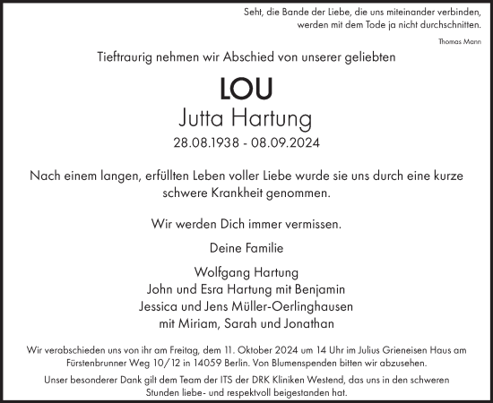 Traueranzeige von Jutta Hartung von Tagesspiegel