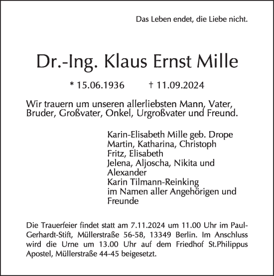 Traueranzeige von Klaus Ernst Mille von Tagesspiegel