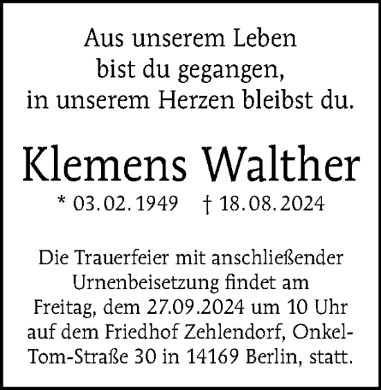 Traueranzeige von Klemens Walther von Tagesspiegel