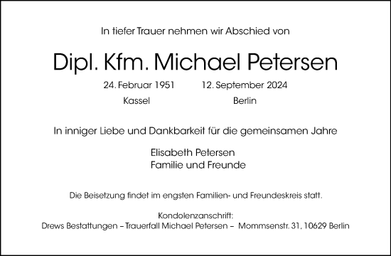 Traueranzeige von Michael Petersen von Tagesspiegel