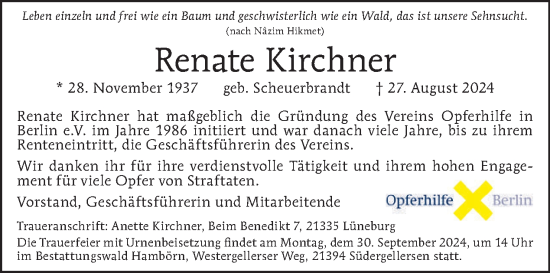Traueranzeige von Renate Kirchner von Tagesspiegel
