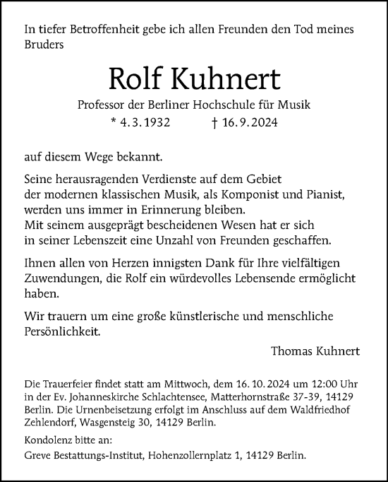 Traueranzeige von Rolf Kuhnert von Tagesspiegel