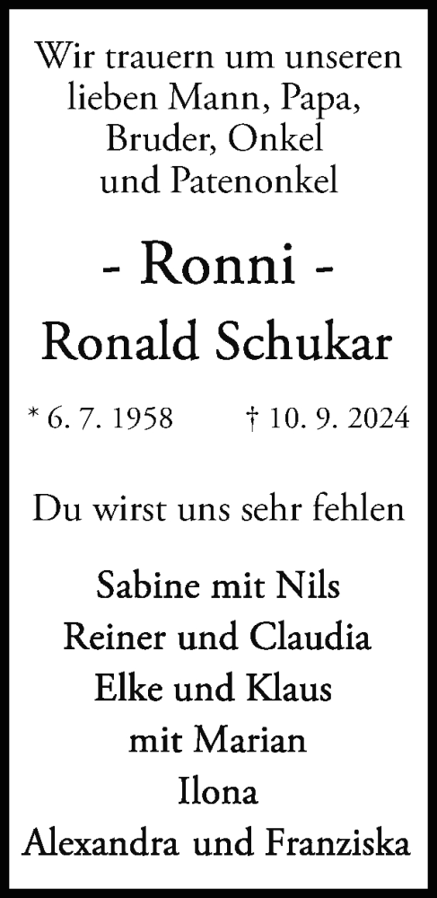 Traueranzeige von Ronald Schukar von Tagesspiegel