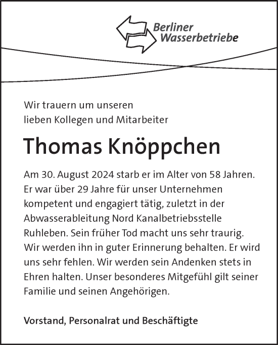 Traueranzeige von Thomas Knöppchen von Tagesspiegel
