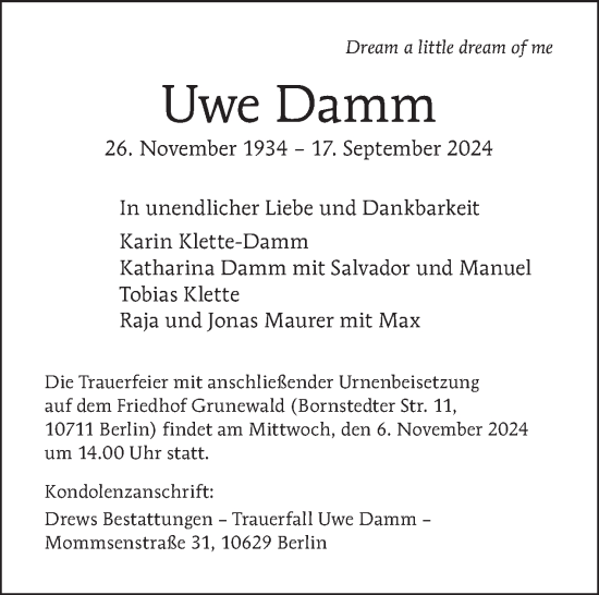 Traueranzeige von Uwe Damm von Tagesspiegel