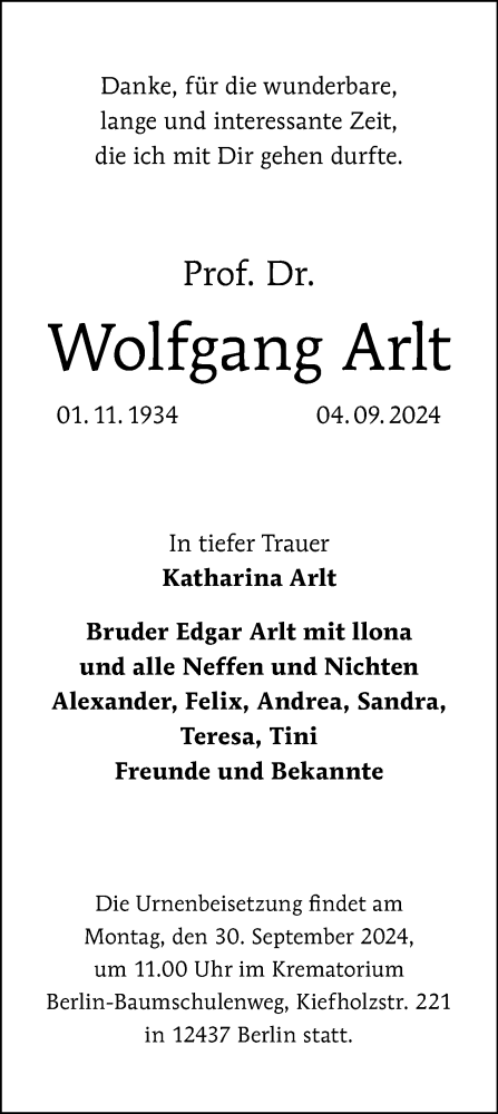 Traueranzeige von Wolfgang Arlt von Tagesspiegel