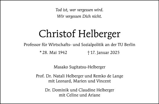 Traueranzeige von Christof Helberger von Tagesspiegel