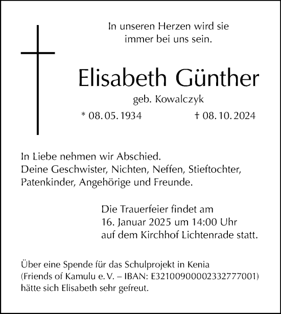 Traueranzeige von Elisabeth Günther von Tagesspiegel
