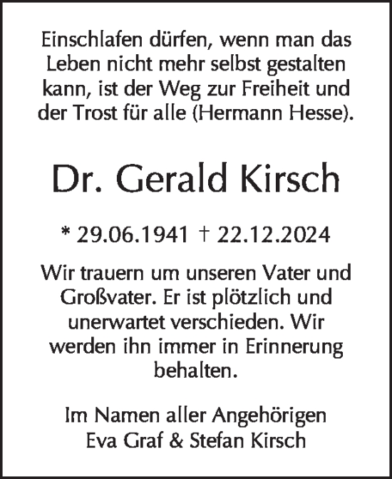 Traueranzeige von Gerald Kirsch von Tagesspiegel