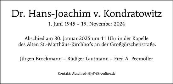 Traueranzeige von Hans-Joachim v. Kondratowitz von Tagesspiegel