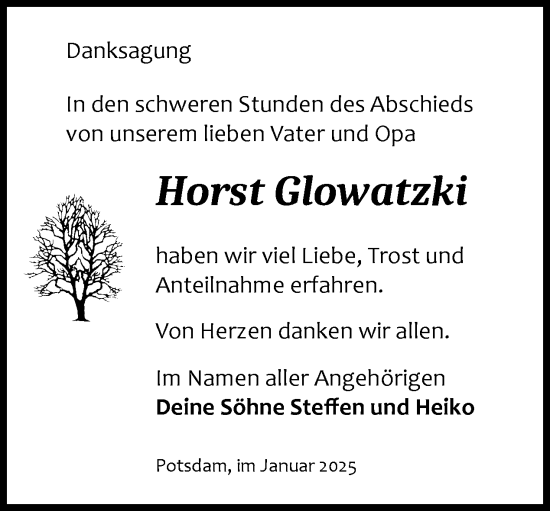 Traueranzeige von Horst Glowatzki von Tagesspiegel