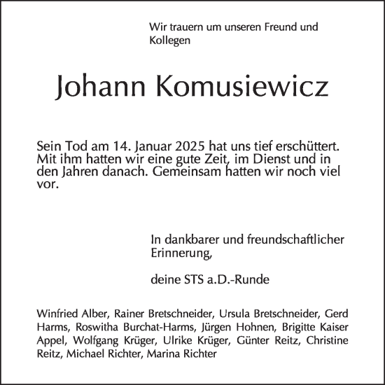 Traueranzeige von Johann Komusiewicz von Tagesspiegel