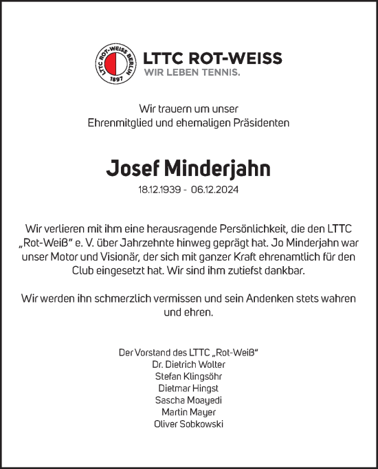 Traueranzeige von Josef Minderjahn von Tagesspiegel