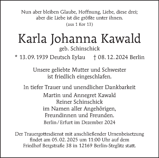 Traueranzeige von Karla Johanna Kawald von Tagesspiegel