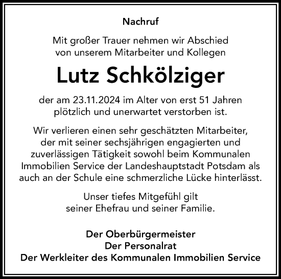 Traueranzeige von Lutz Schkölziger von Tagesspiegel