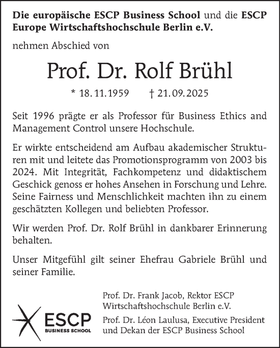 Traueranzeige von Rolf Brühl von Tagesspiegel