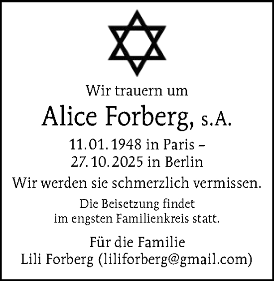 Traueranzeige von Alice Forberg von Tagesspiegel