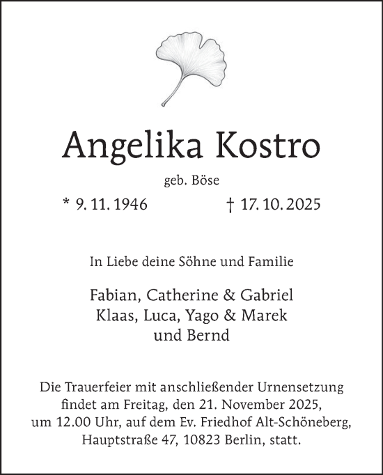 Traueranzeige von Angelika Kostro von Tagesspiegel