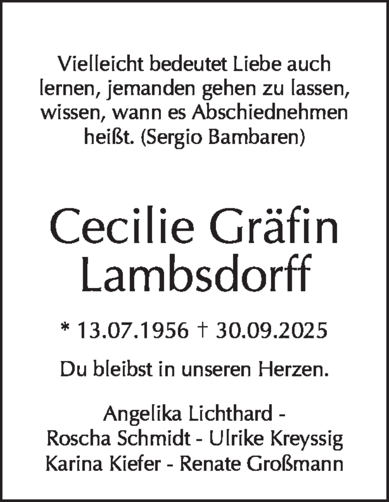 Traueranzeige für Cecilie Gräfin Lambsdorff vom 11.10.2025 aus Tagesspiegel