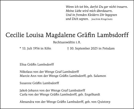 Traueranzeige von Cecilie Louisa Magdalene Gräfin Lambsdorff von Tagesspiegel