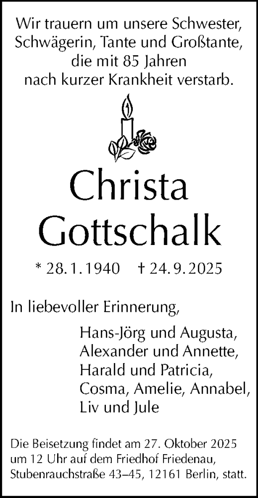 Traueranzeige von Christa Gottschalk von Tagesspiegel