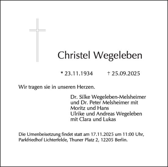 Traueranzeige von Christel Wegeleben von Tagesspiegel