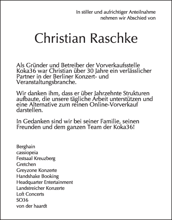 Traueranzeige von Christian Raschke von Tagesspiegel
