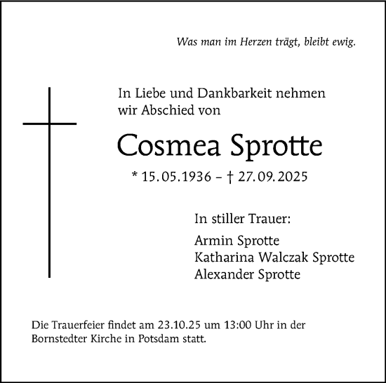 Traueranzeige von Cosmea Sprotte von Tagesspiegel