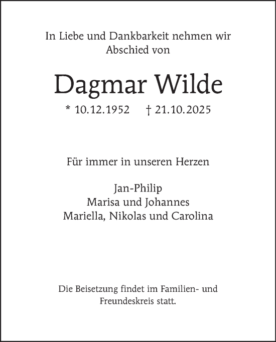 Traueranzeige von Dagmar Wilde von Tagesspiegel
