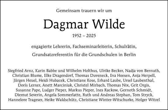 Traueranzeige von Dagmar Wilde von Tagesspiegel