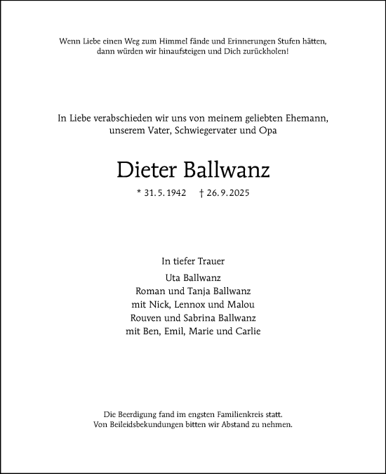Traueranzeige von Dieter Ballwanz von Tagesspiegel