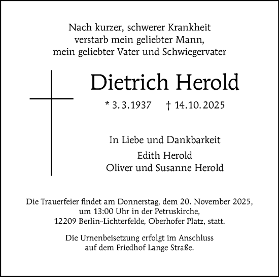Traueranzeige von Dietrich Herold von Tagesspiegel