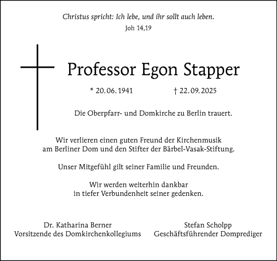 Traueranzeige von Egon Stapper von Tagesspiegel