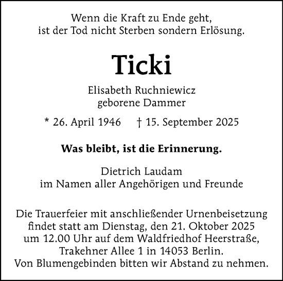 Traueranzeige von Elisabeth Ruchniewicz von Tagesspiegel
