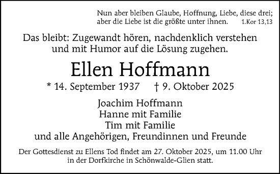 Traueranzeige von Ellen Hoffmann von Tagesspiegel