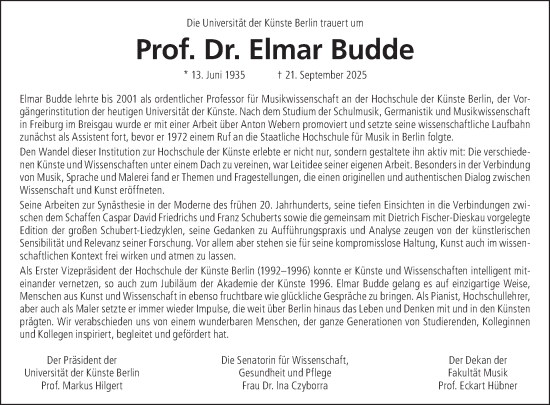 Traueranzeige von Elmar Budde von Tagesspiegel